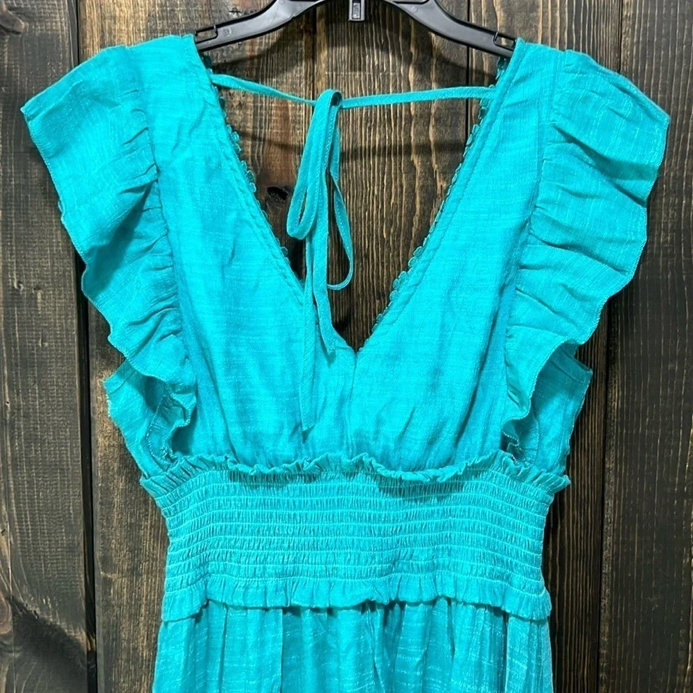 J Gee Maxi Dress S Teal Green‎ Blue Tiered Ruffle Boho Smocked Flutter Lace Trim - Picture 9 of 14